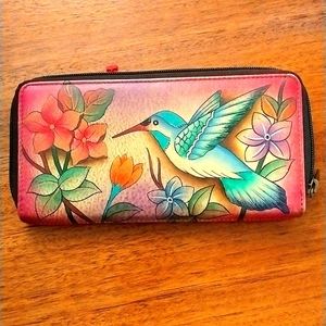 Anuschka Leather Hummingbird and Flower Wallet Accordion Zip Around Clutch